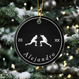 Ornamento De Cerâmica Esgrima Preta e Branca Silhuettes Nome e Ano Legal