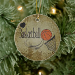 Ornamento De Cerâmica Esporte Grunge 🏀 Basquete<br><div class="desc">🥇 UM DESIGN DE ARTE DE DIREITOS AUTORAIS ORIGINAL, DE Donna Siegrist, DISPONÍVEL SOMENTE NO ZAZZLE! Personalize o ornamento de Grunge 🏀 Basquete. 📌 Se você precisar de mais personalização, clique no botão "Clique para personalizar mais" ou "Personalizar" e use nossa ferramenta design para redimensionar, girar, alterar a cor do...</div>