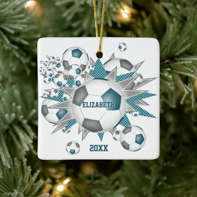 Ornamento De Cerâmica esportes de bola de futebol da cinza teal (Árvore)