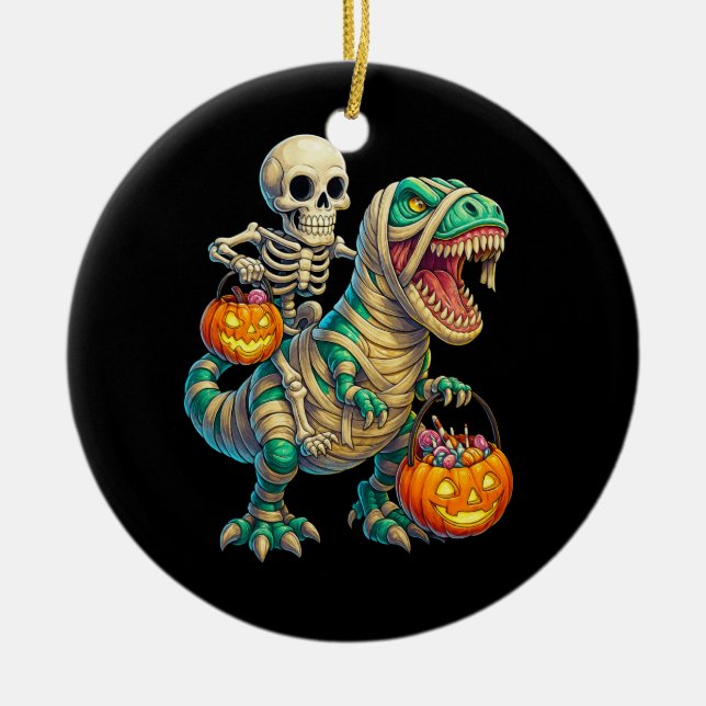 Ornamento De Cerâmica Esqueleto Whimsso Andando Múmia T-Rex Halloween (Frente)