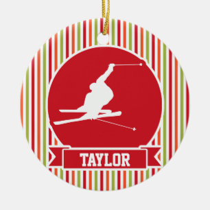 Ornamento De Cerâmica Esqui da neve, esqui, vermelho, laranja, listras