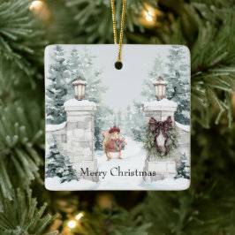 Ornamento De Cerâmica Esquilo Casaco Vermelho Neve Natal
