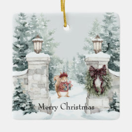 Ornamento De Cerâmica Esquilo Casaco Vermelho Neve Natal