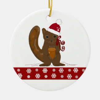 Ornamento De Cerâmica Esquilo de Natal com Borda de Floco de Neve