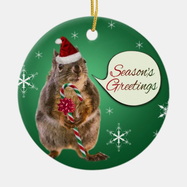 Ornamento De Cerâmica Esquilo do Natal com flocos de neve (Frente)