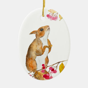 Ornamento De Cerâmica Esquilo engraçado em aquarela em um galho com frut