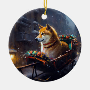 Ornamento De Cerâmica Estação Festiva de Natal Shiba Inu