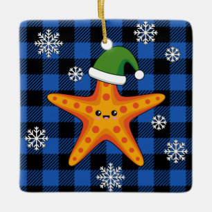 Ornamento De Cerâmica Estaleiro do Natal Kawaii no padrão azul de búfalo