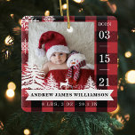 Ornamento De Cerâmica Estatísticas de Nascimento e Fotos do Bebê da Árvo<br><div class="desc">Novo Enfeites de natal de fotografia de natalidade. O design apresenta duas fotos, uma na frente e outra atrás. Mostre a foto do seu novo bebê. A data de nascimento é mostrada ao longo do lado e o nome do bebê e os números de nascimento ao longo do fundo. A...</div>