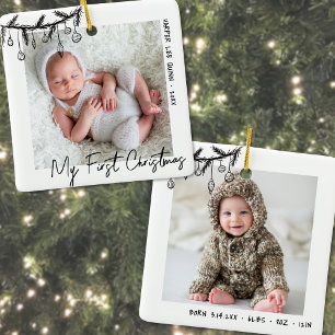 Ornamento De Cerâmica Estatísticas do Bebê Minha Primeira Foto de Natal