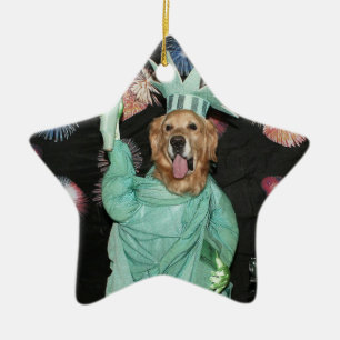 Ornamento De Cerâmica Estátua da liberdade do golden retriever