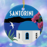 Ornamento De Cerâmica Estilo de viagens vintage da Grécia Santorini<br><div class="desc">Santorini,  ilustração Grécia e colorida em estilo viagens vintage captura esta bela ilha grega com um domo azul clássico e um edifício branco,  uma bougainvillea florescente,  um cacto e uma vista oceânica com montanhas. O nome Santorini está no topo em uma fonte vintage deco.</div>