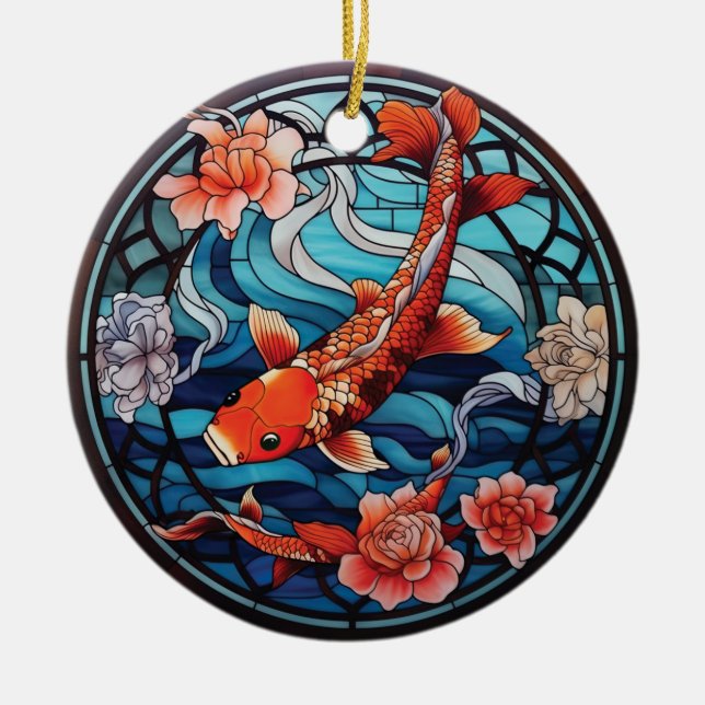 Ornamento De Cerâmica Estilo de Vidro Asiático Koi Fish e Camellias (Frente)