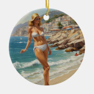 Ornamento De Cerâmica Estilo Vintage Garota Viagem da Riviera Francesa