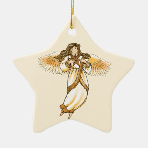 Ornamento De Cerâmica Estrela Anjo Dourada
