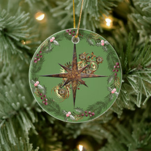Ornamento De Cerâmica Estrela de Compass Steampunk & Wreath personalizá