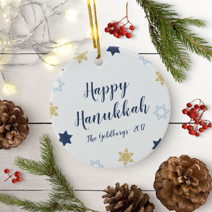 Ornamento De Cerâmica Estrela de Davi   Fofo Hanukkah Azul e Dourado