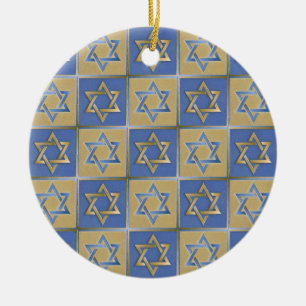 Ornamento De Cerâmica Estrela de Davi Judaica Metal Dourado Azul