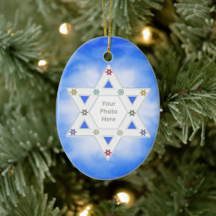 Ornamento De Cerâmica Estrela de Hanukkah e azul dos flocos de neve
