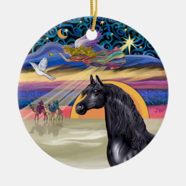 Ornamento De Cerâmica Estrela de Natal - Cavalo Árabe (preto) (Frente)