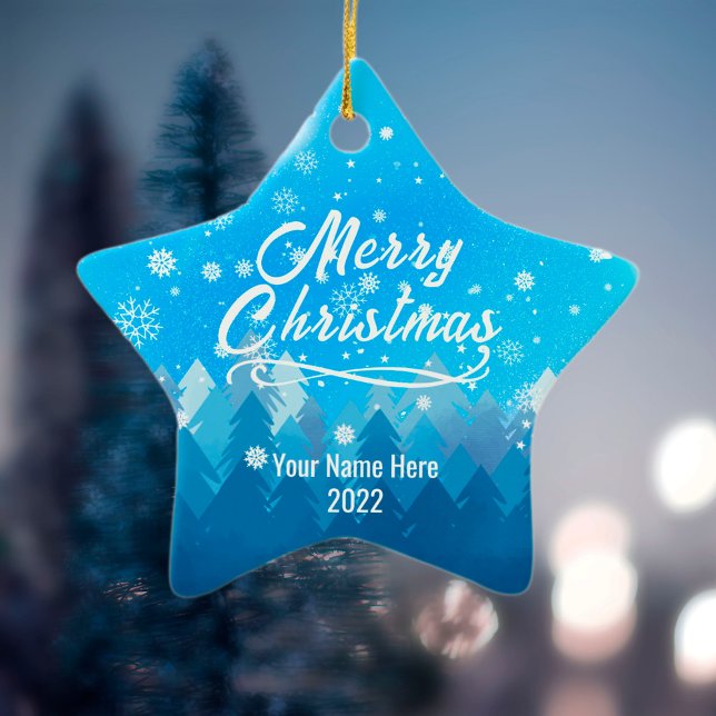 Ornamento De Cerâmica Estrela de Natal da Floresta Azul de Neve Personal (Criador carregado)