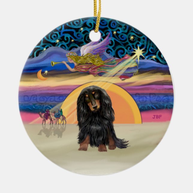 Ornamento De Cerâmica Estrela de Natal - Dachshund de Pelo Longo (BT) (Frente)