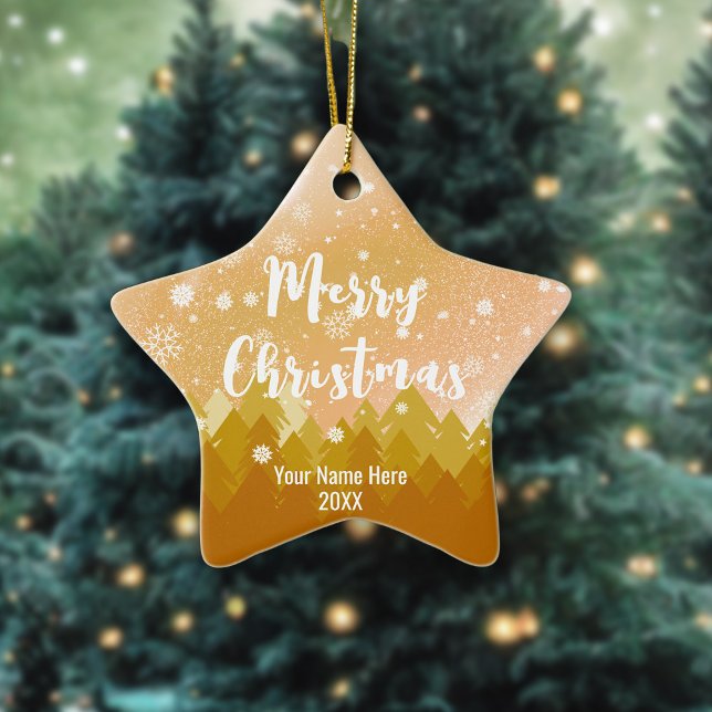 Ornamento De Cerâmica Estrela de Natal Dourada da Floresta Castanha (Criador carregado)
