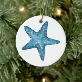 Ornamento De Cerâmica Estrela-do-mar Azul Aquarela Náutica