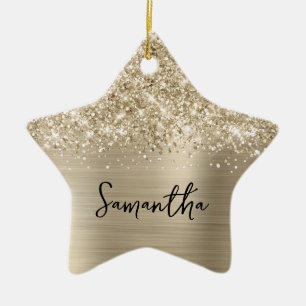Ornamento De Cerâmica Estrela Glam de Nome Dourado Pálido Brilhante