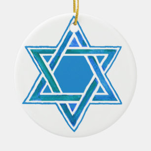 Ornamento De Cerâmica Estrela Verde Azul de David Watercolor em Branco