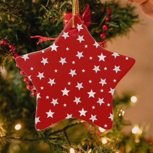 Ornamento De Cerâmica Estrelas brancas em feriados de Natal vermelhos