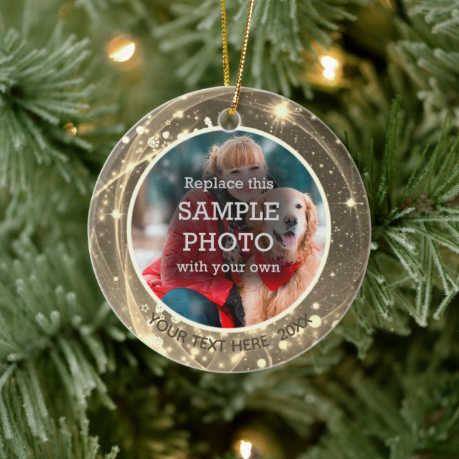 Ornamento De Cerâmica Estrelas Cósmicas Douradas Duas Fotografias (Árvore)