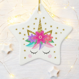 Ornamento De Cerâmica Estrelas de Flores de Glitter Unicorn Personalizad