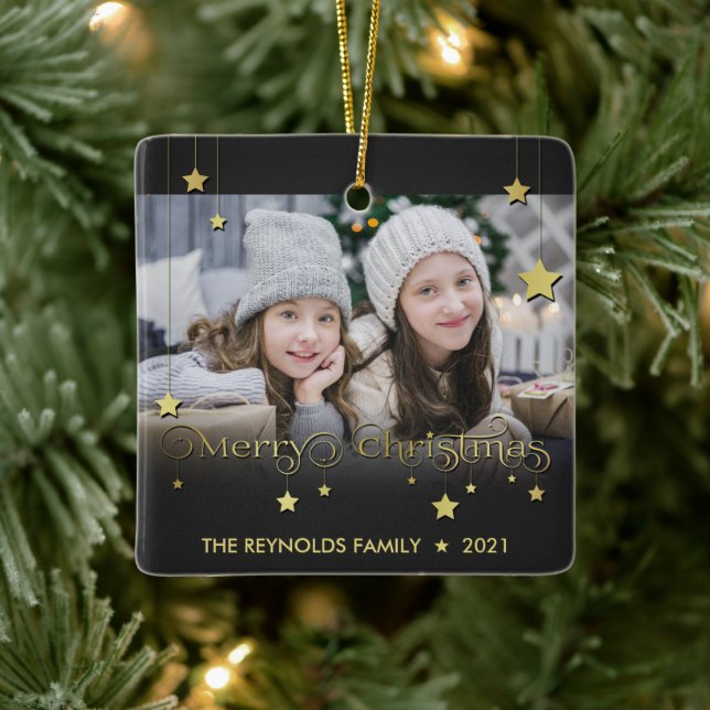 Ornamento De Cerâmica Estrelas de Natal Douradas e Feliz (Árvore)