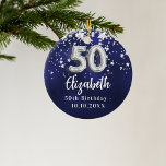 Ornamento De Cerâmica Estrelas de prata azuis do marinho 50.o aniversári<br><div class="desc">Uma cor azul de fundo marinho com estrelas de falso prata. A cor azul é irregular. Adicionar seu nome,  texto/data</div>