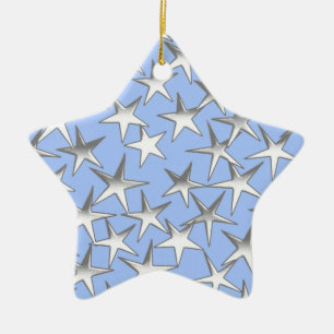 Ornamento De Cerâmica Estrelas de prata, em azul pálido