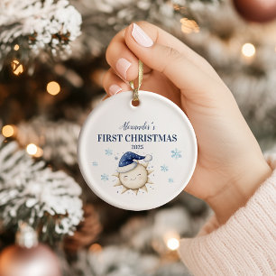 Ornamento De Cerâmica Estrelas do Sol Azul Personalizadas Primeiro Natal
