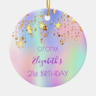 Ornamento De Cerâmica Estrelas douradas holográficas rosa de aniversário