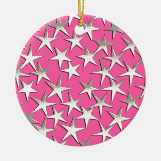Ornamento De Cerâmica Estrelas prateadas de rosa fuchsia (Frente)