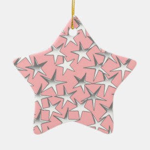 Ornamento De Cerâmica Estrelas prateadas, em rosa-casca