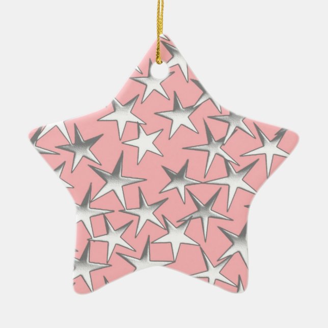 Ornamento De Cerâmica Estrelas prateadas, em rosa-casca (Frente)