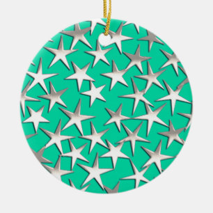 Ornamento De Cerâmica Estrelas prateadas na turquesa