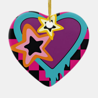 Ornamento De Cerâmica estrelas-punk e corações cor-de-rosa azul roxo 3
