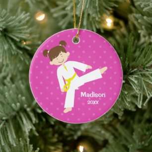 Ornamento De Cerâmica Estrelas Rosa Taekwondo Karate Girl Personalizadas