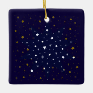 Ornamento De Cerâmica Estrelas Sparkly do ouro e estrelas brancas no cé