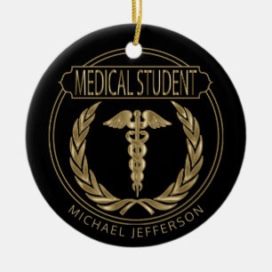 Ornamento De Cerâmica Estudante de Medicina - preto elegante e ouro