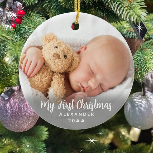 Ornamento De Cerâmica Eterno e Icônico Meu Primeiro Natal (Front shown. Personalize with your child's photo on the front AND back. Add a name and year. )