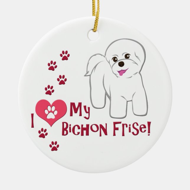 Ornamento De Cerâmica Eu Amo Minha Festa Bichon! (Frente)