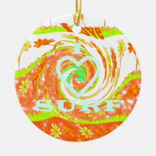 Ornamento De Cerâmica Eu Amo Surf: Linda Floral com Arte de Texto Legal