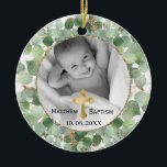 Ornamento De Cerâmica Eucalyptus Baby Baptism Dourado verde Foto<br><div class="desc">Eucalyptus Baby Christening,  Dourado em verde,  e Baptism Ornament,  com dupla fotografia,  com uma camada redonda de folhas de eucalipto,  com um pequeno toque de ouro. Personalize sua própria foto horizontal ou quadrada. presente de excelente para sua família e amigos para o feriado.</div>